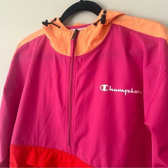 Champion Windbreaker Colorblock Pink Red Orange Quarter Zip Pullover Size Medium - Picture 2 of 12